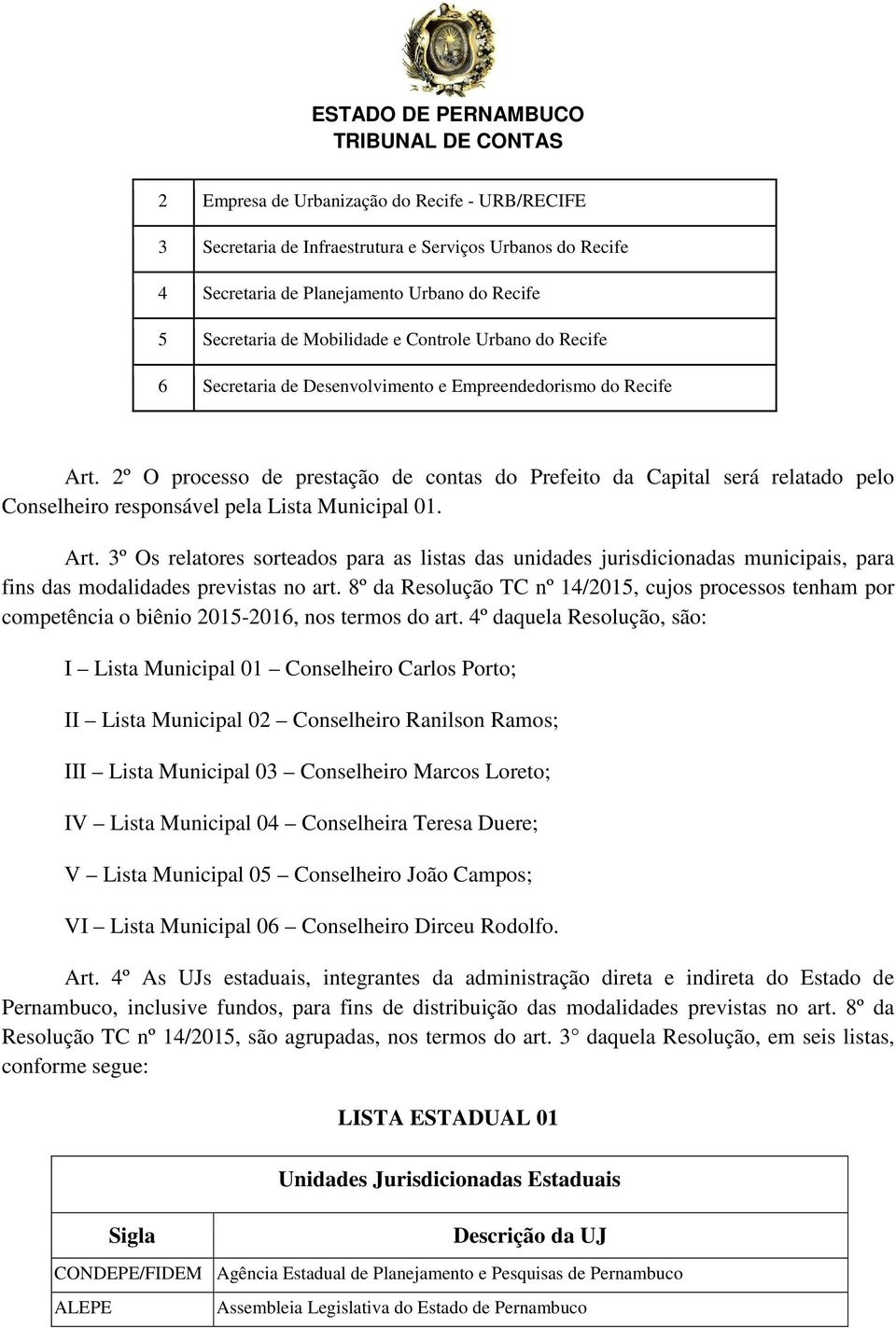 2º O processo de prestação de contas do Prefeito da Capital será relatado pelo Conselheiro responsável pela Lista Municipal 01. Art.