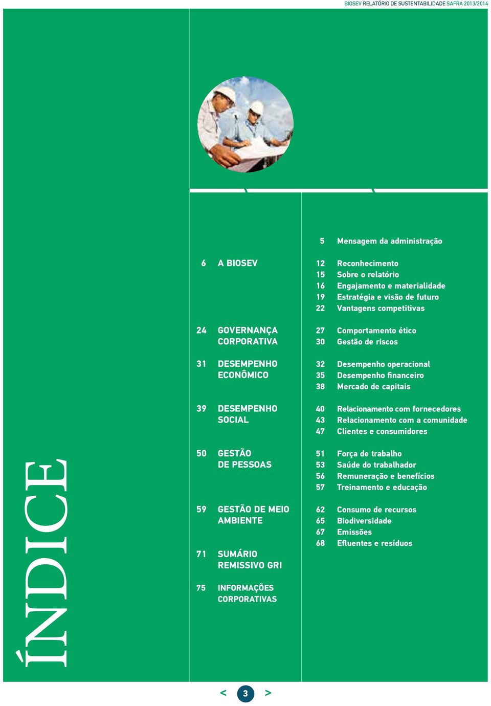 Relacionamento com fornecedores 43 Relacionamento com a comunidade 47 Clientes e consumidores ÍNDICE 50 GESTÃO DE PESSOAS 59 GESTÃO DE MEIO AMBIENTE 71 SUMÁRIO REMISSIVO GRI 75