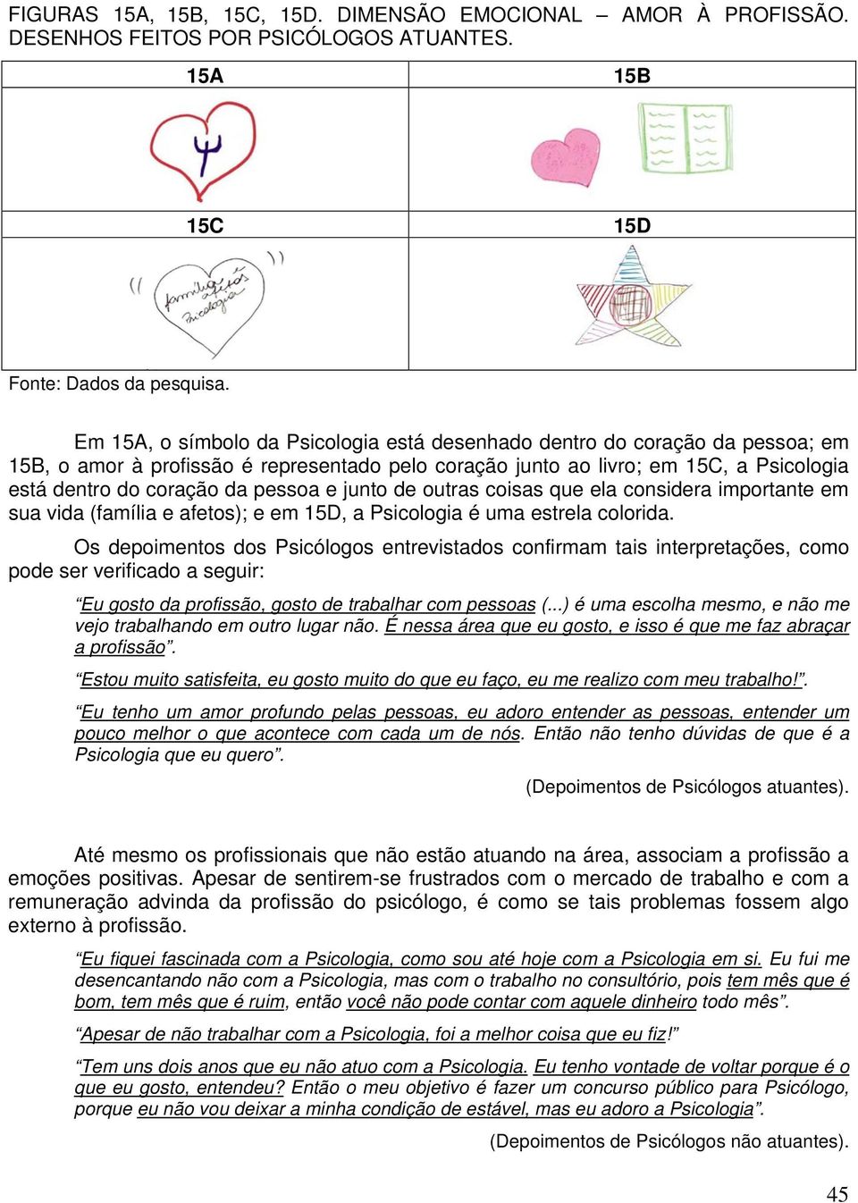 coração da pessoa e junto de outras coisas que ela considera importante em sua vida (família e afetos); e em 15D, a Psicologia é uma estrela colorida.