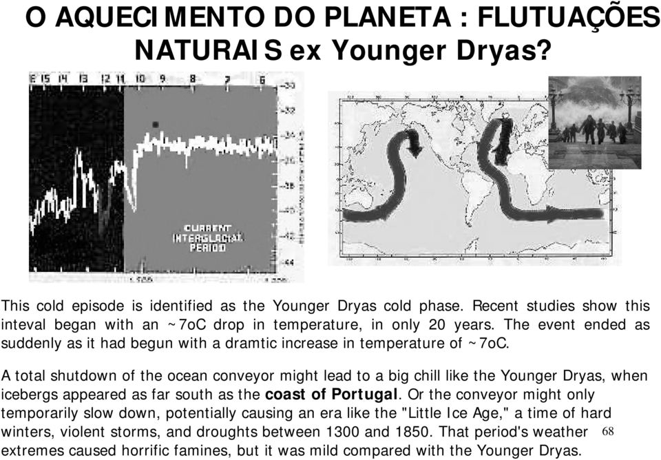 A total shutdown of the ocean conveyor might lead to a big chill like the Younger Dryas, when icebergs appeared as far south as the coast of Portugal.