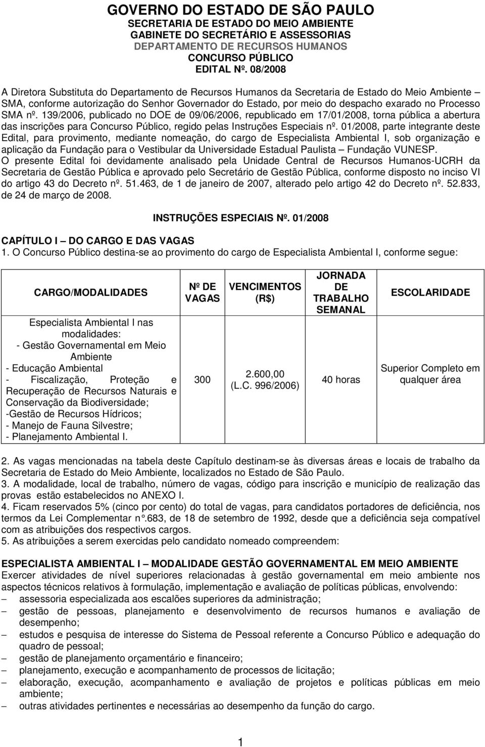 Processo SMA nº. 139/2006, publicado no DOE de 09/06/2006, republicado em 17/01/2008, torna pública a abertura das inscrições para Concurso Público, regido pelas Instruções Especiais nº.