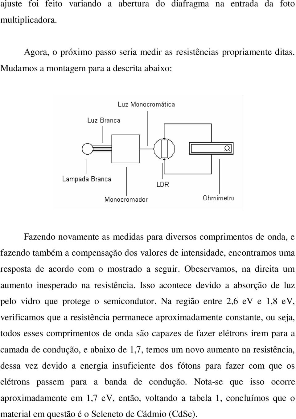 acordo com o mostrado a seguir. Obeservamos, na direita um aumento inesperado na resistência. Isso acontece devido a absorção de luz pelo vidro que protege o semicondutor.