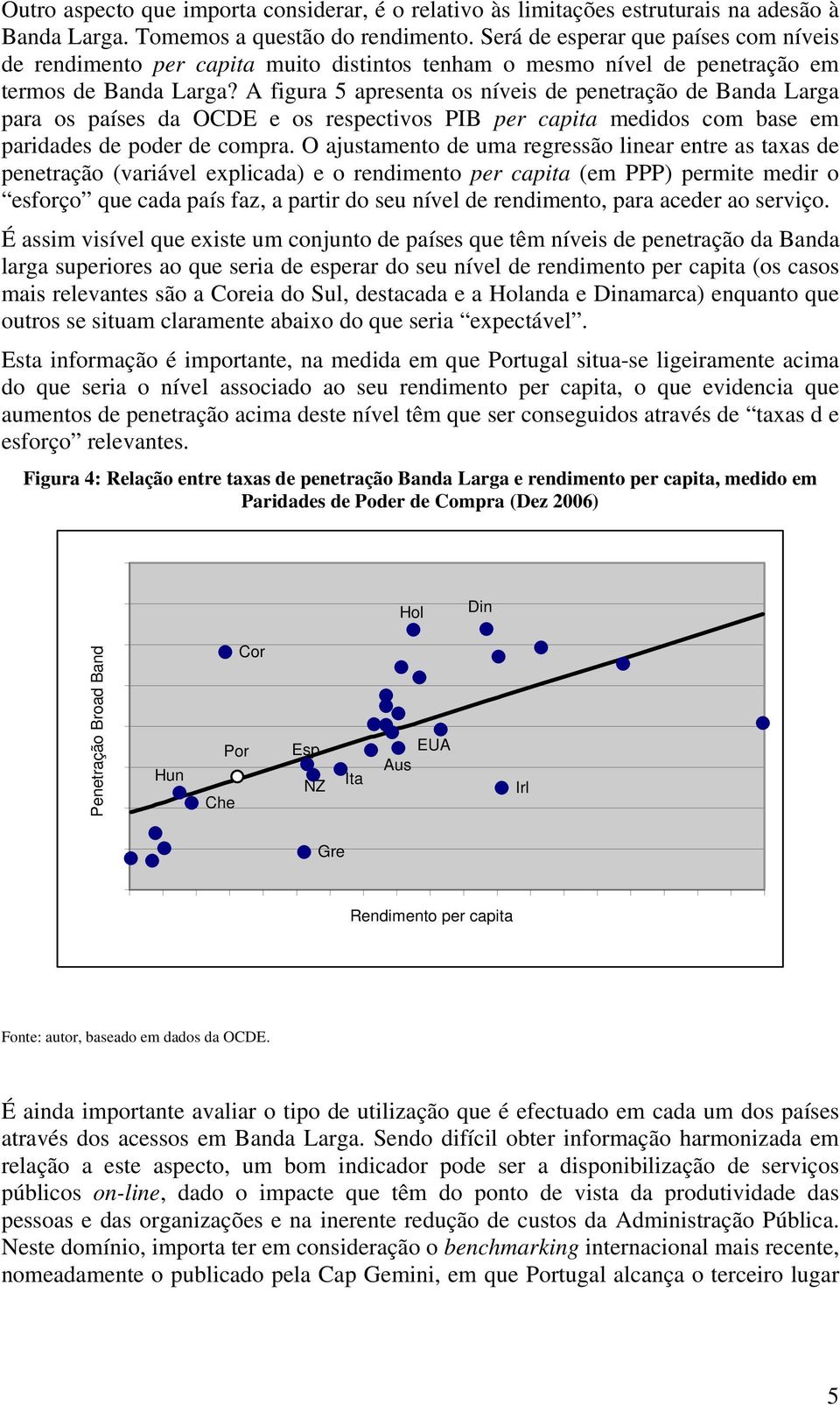 A figura 5 apresenta os níveis de penetração de Banda Larga para os países da OCDE e os respectivos PIB per capita medidos com base em paridades de poder de compra.