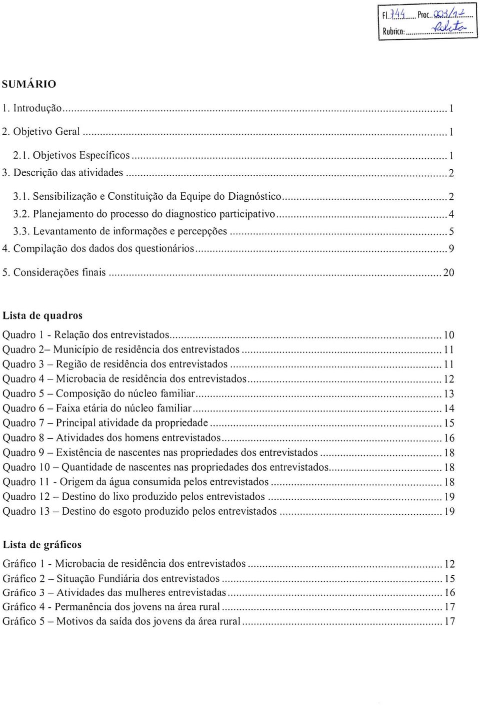 Considerações finais Lista de quadros Quadro l - Relação dos entrevistados Quadro - Município de residência dos entrevistados Quadro 3 - Região de residência dos entrevistados Quadro 4 - Microbacia