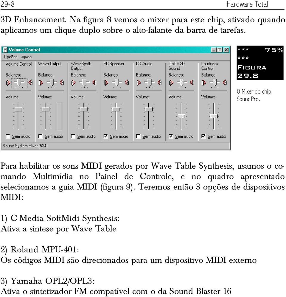 Para habilitar os sons MIDI gerados por Wave Table Synthesis, usamos o comando Multimídia no Painel de Controle, e no quadro apresentado selecionamos a guia MIDI