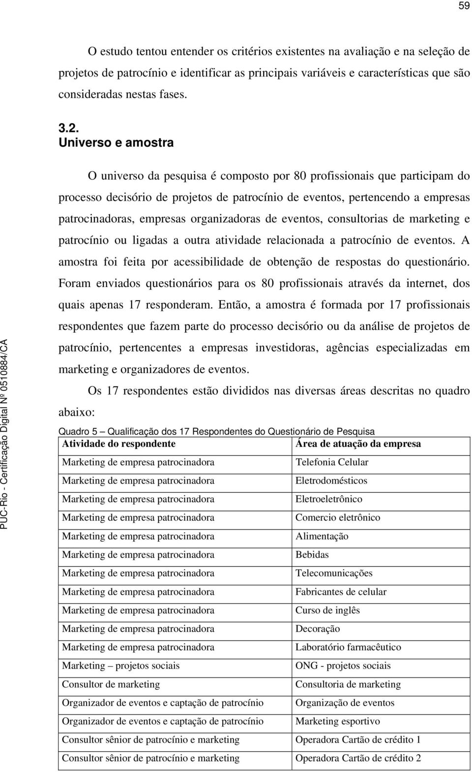 organizadoras de eventos, consultorias de marketing e patrocínio ou ligadas a outra atividade relacionada a patrocínio de eventos.