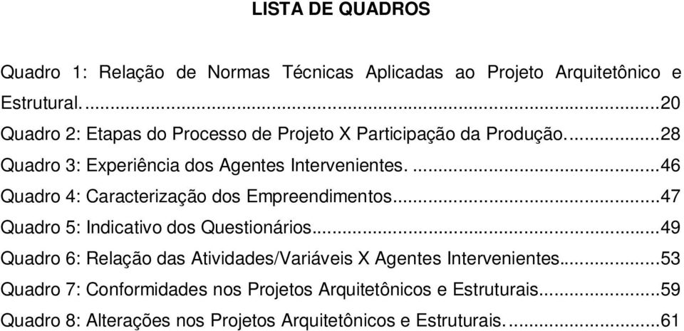 ...46 Quadro 4: Caracterização dos Empreendimentos...47 Quadro 5: Indicativo dos Questionários.