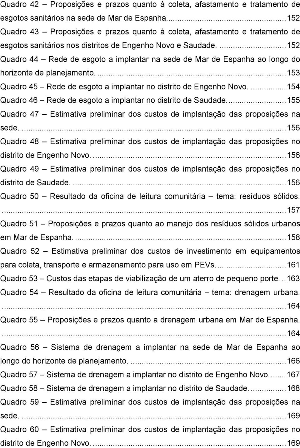 ... 152 Quadro 44 Rede de esgoto a implantar na sede de Mar de Espanha ao longo do horizonte de planejamento.... 153 Quadro 45 Rede de esgoto a implantar no distrito de Engenho Novo.