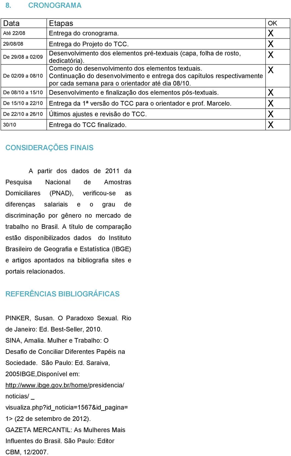 De 08/10 a 15/10 Desenvolvimento e finalização dos elementos pós-textuais. X De 15/10 a 22/10 Entrega da 1ª versão do TCC para o orientador e prof. Marcelo.