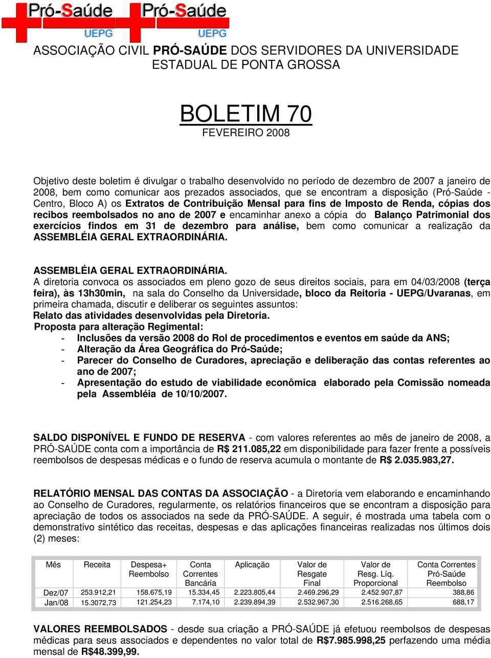 recibos reembolsados no ano de 2007 e encaminhar anexo a cópia do Balanço Patrimonial dos exercícios findos em 31 de dezembro para análise, bem como comunicar a realização da ASSEMBLÉIA GERAL