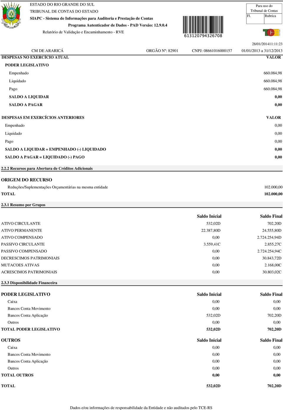 LIQUIDADO (-) PAGO 0,00 2.2.2 Recursos para Abertura de Créditos Adicionais ORIGEM DO RECURSO Reduções/Suplementações Orçamentárias na mesma entidade 102.000,00 TOTAL 102.000,00 2.3.