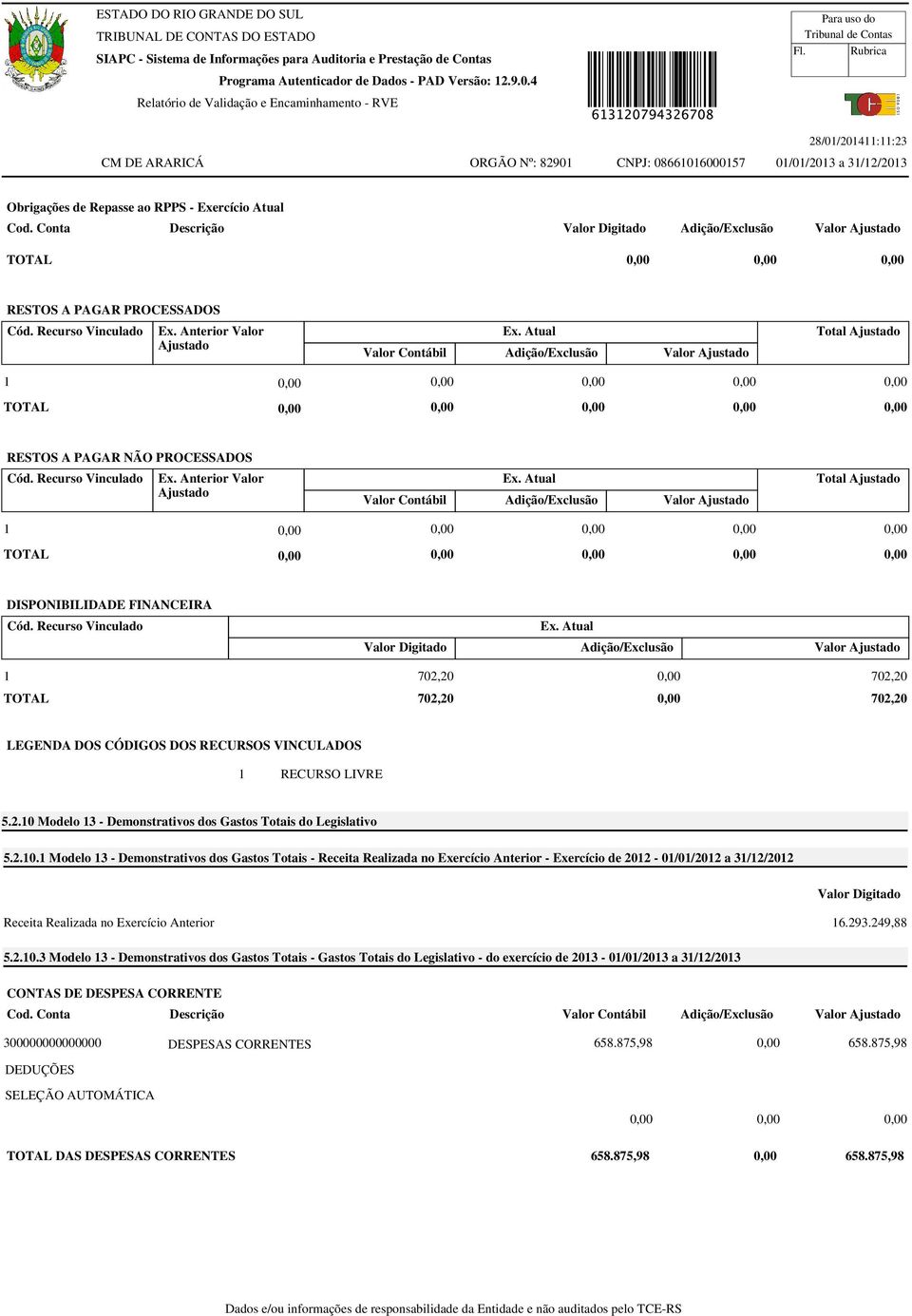 Anterior Valor Ajustado Ex. Atual Valor Contábil Adição/Exclusão Valor Ajustado Total Ajustado 1 0,00 0,00 TOTAL 0,00 0,00 DISPONIBILIDADE FINANCEIRA Cód. Recurso Vinculado Ex.