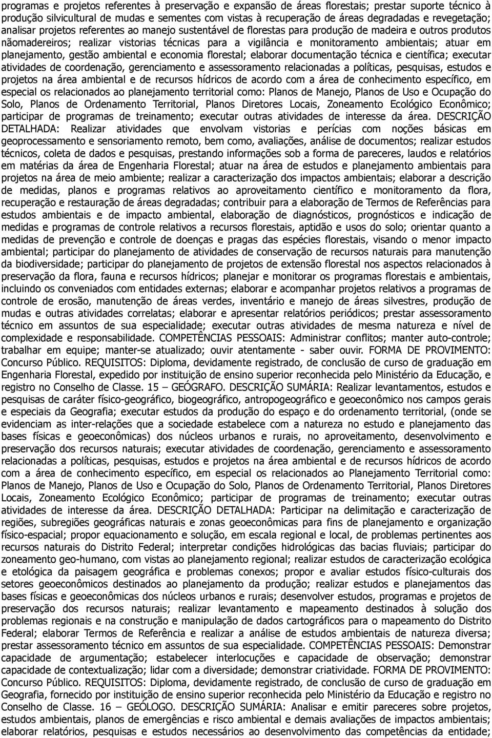 ambientais; atuar em planejamento, gestão ambiental e economia florestal; elaborar documentação técnica e científica; executar atividades de coordenação, gerenciamento e assessoramento relacionadas a
