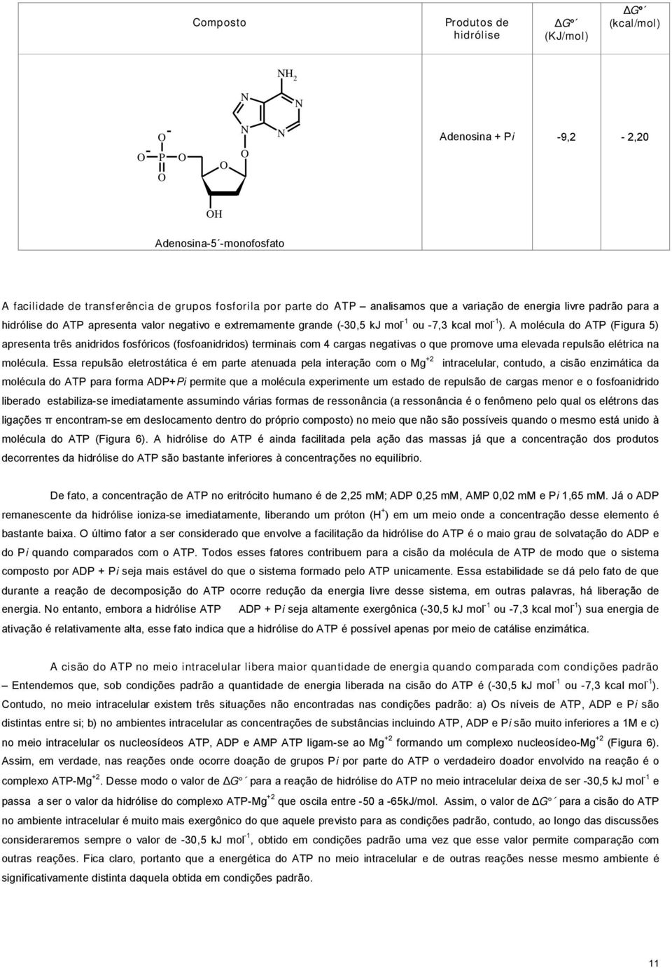 A molécula do AT (Figura 5) apresenta três anidridos fosfóricos (fosfoanidridos) terminais com 4 cargas negativas o que promove uma elevada repulsão elétrica na molécula.