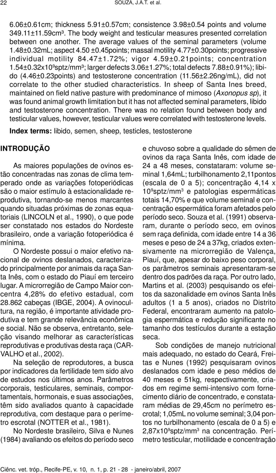 21points; concentration 1.54±0.32x10 9 sptz/mm³; larger defects 3.06±1.27%; total defects 7.88±0.91%); libido (4.46±0.23points) and testosterone concentration (11.56±2.