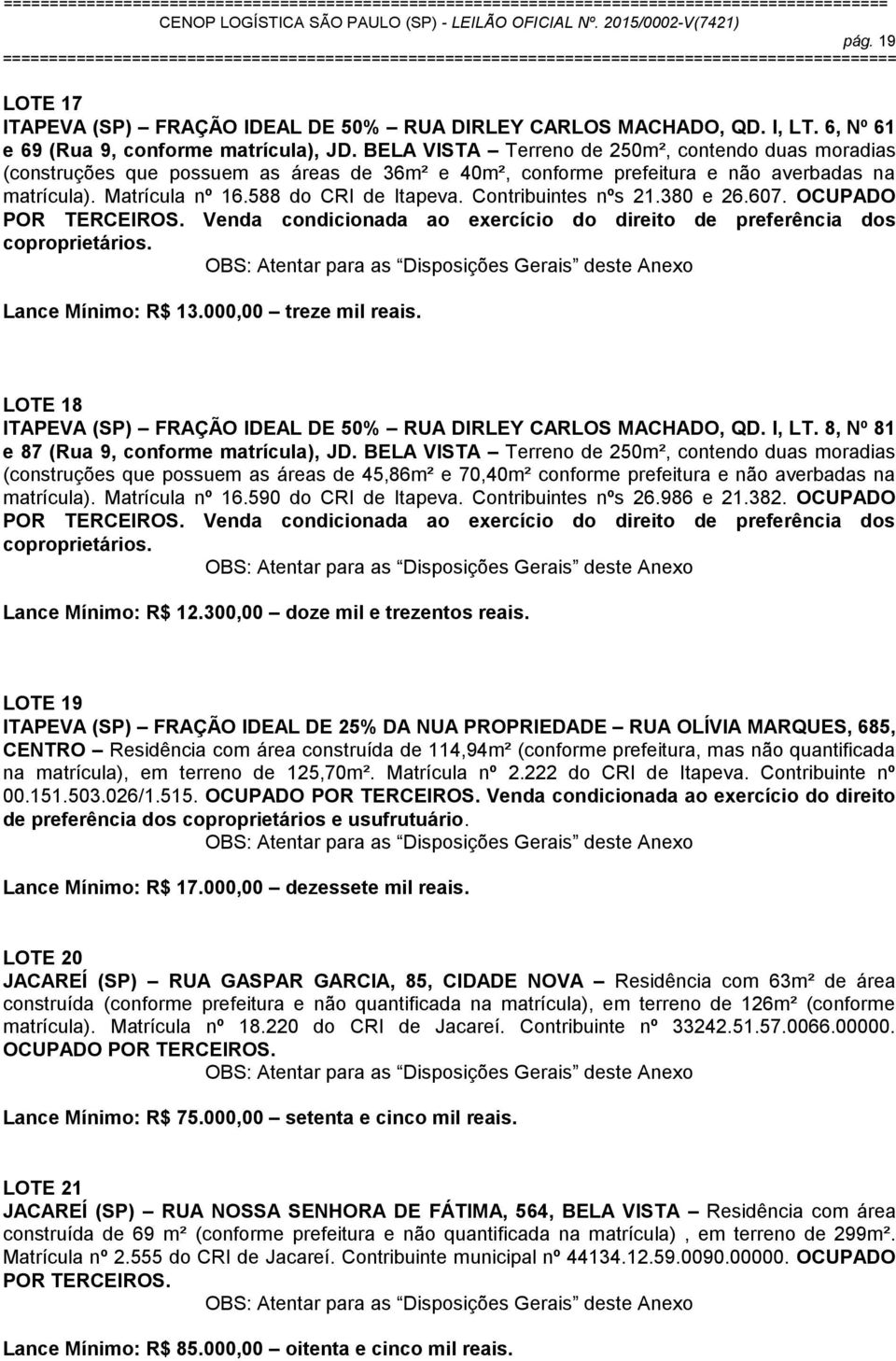 Contribuintes nºs 21.380 e 26.607. OCUPADO POR TERCEIROS. Venda condicionada ao exercício do direito de preferência dos coproprietários. Lance Mínimo: R$ 13.000,00 treze mil reais.