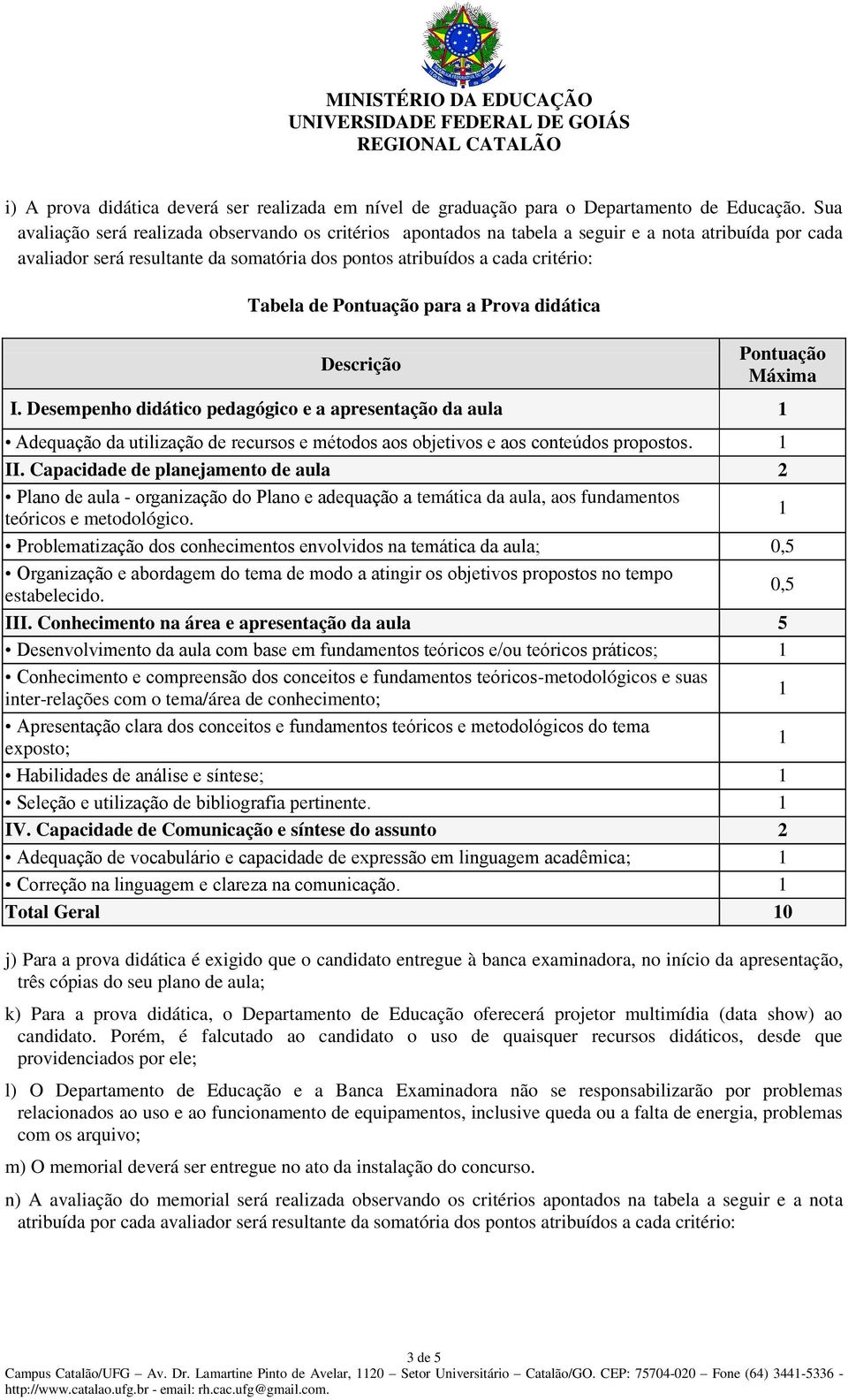 Pontuação para a Prova didática Descrição Pontuação Máxima I.