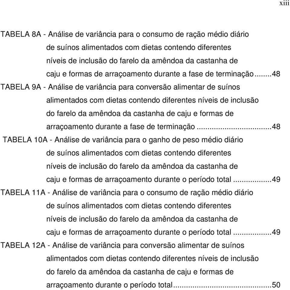 ..48 TABELA 9A - Análise de variância para conversão alimentar de suínos alimentados com dietas contendo diferentes níveis de inclusão do farelo da amêndoa da castanha de caju e formas de .