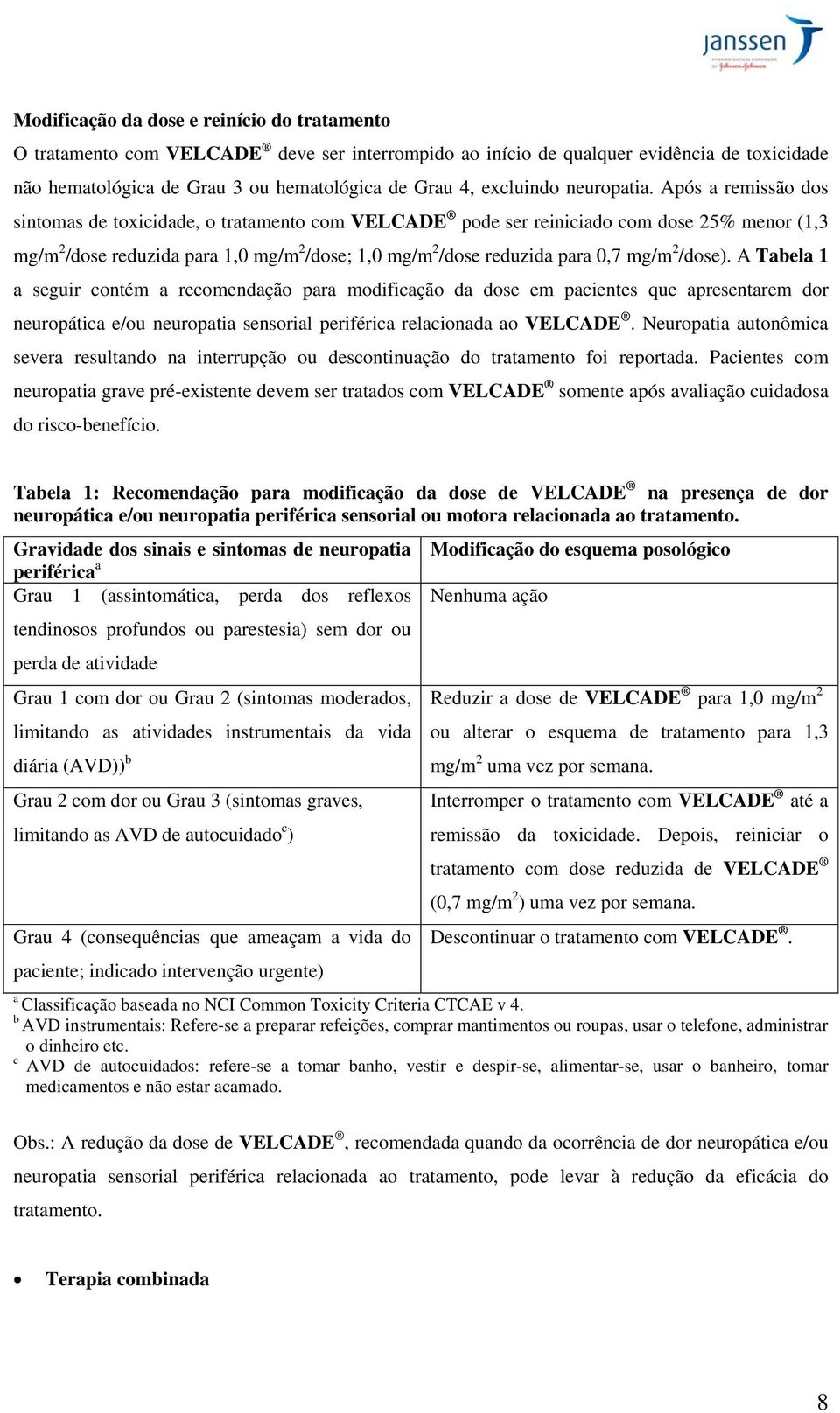 Após a remissão dos sintomas de toxicidade, o tratamento com VELCADE pode ser reiniciado com dose 25% menor (1,3 mg/m 2 /dose reduzida para 1,0 mg/m 2 /dose; 1,0 mg/m 2 /dose reduzida para 0,7 mg/m 2