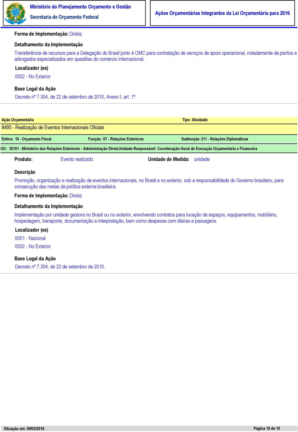 8495 - Realização de Eventos Internacionais Oficiais UO: 35101 - Ministério das Relações Exteriores - Administração DiretaUnidade Responsável: Coordenação-Geral de Execução Orçamentária e Financeira