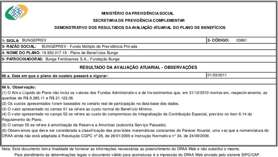 Observação: (1) O Ativ o Líquido do Plano não inclui os v alores dos Fundos Administrativ o e de Inv estimentos que, em 31/12/21 montav am, respectiv amente, as quantias de R$ 8.285,11 e R$ 21.122,6.