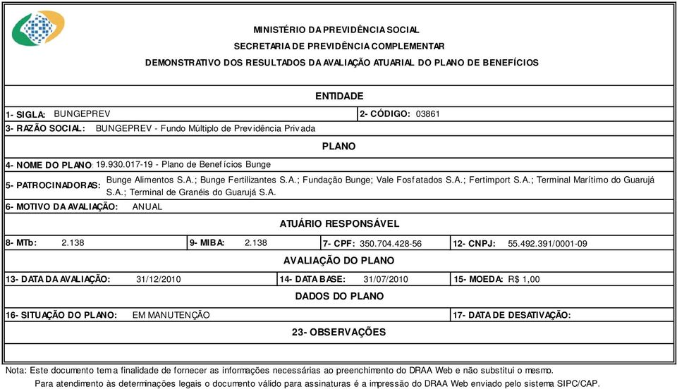 A.; Fertimport S.A.; Terminal Marítimo do Guarujá S.A.; Terminal de Granéis do Guarujá S.A. ATUÁRIO RESPONSÁVEL 8- MTb: 2.138 9- MIBA: 2.138 7- CPF: 35.74.