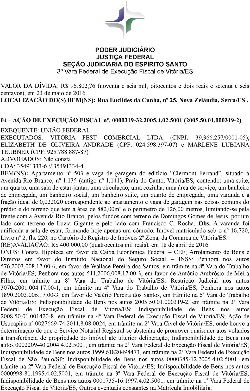 366.257/0001-05); ELIZABETH DE OLIVEIRA ANDRADE (CPF: 024.598.397-07) e MARLENE LUBIANA TEUBNER (CPF: 925.788.