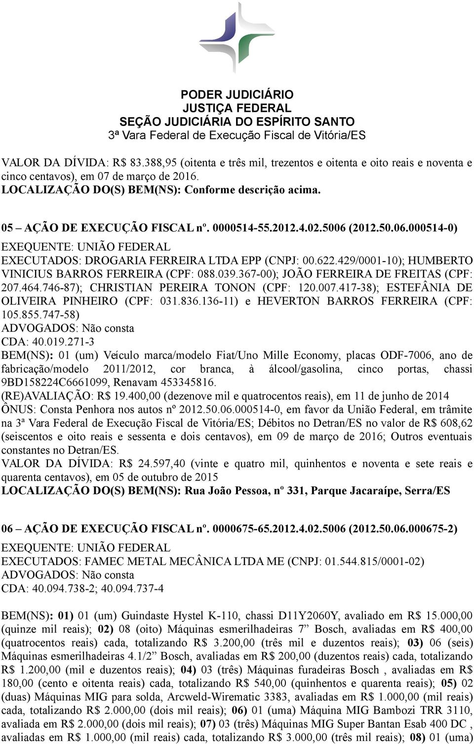 367-00); JOÃO FERREIRA DE FREITAS (CPF: 207.464.746-87); CHRISTIAN PEREIRA TONON (CPF: 120.007.417-38); ESTEFÂNIA DE OLIVEIRA PINHEIRO (CPF: 031.836.136-11) e HEVERTON BARROS FERREIRA (CPF: 105.855.