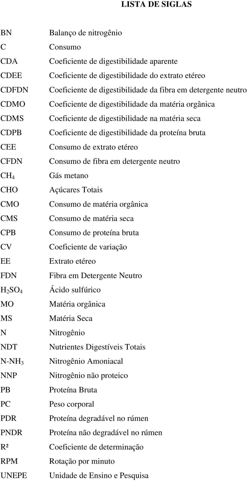 extrato etéreo CFDN Consumo de fibra em detergente neutro CH 4 Gás metano CHO Açúcares Totais CMO Consumo de matéria orgânica CMS Consumo de matéria seca CPB Consumo de proteína bruta CV Coeficiente