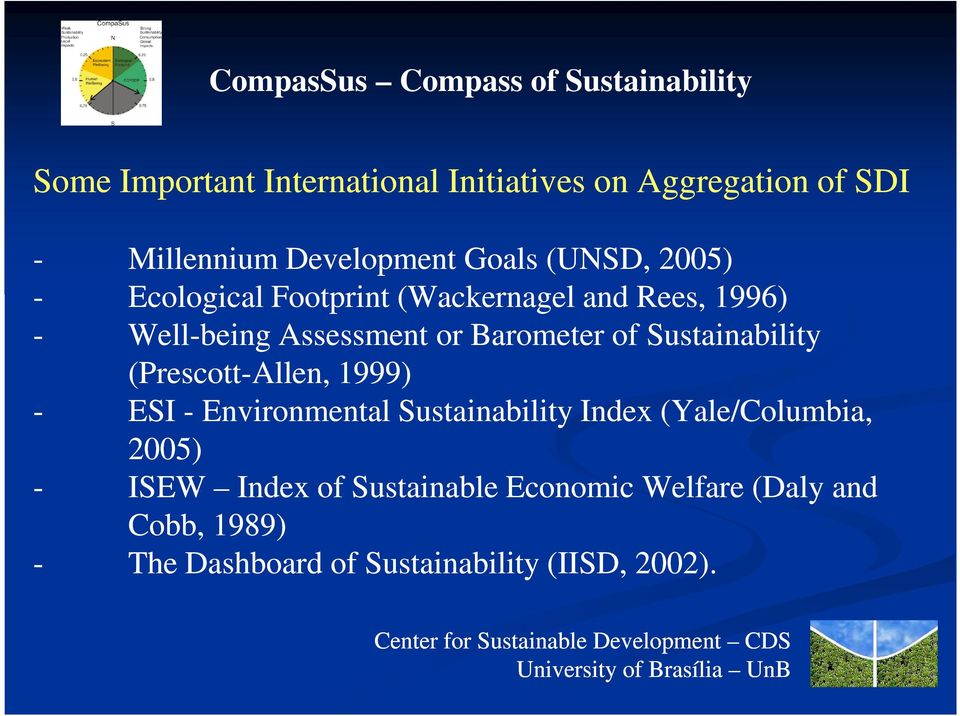 (Prescott-Allen, 1999) - ESI - Environmental Sustainability Index (Yale/Columbia, 2005) - ISEW Index of Sustainable Economic