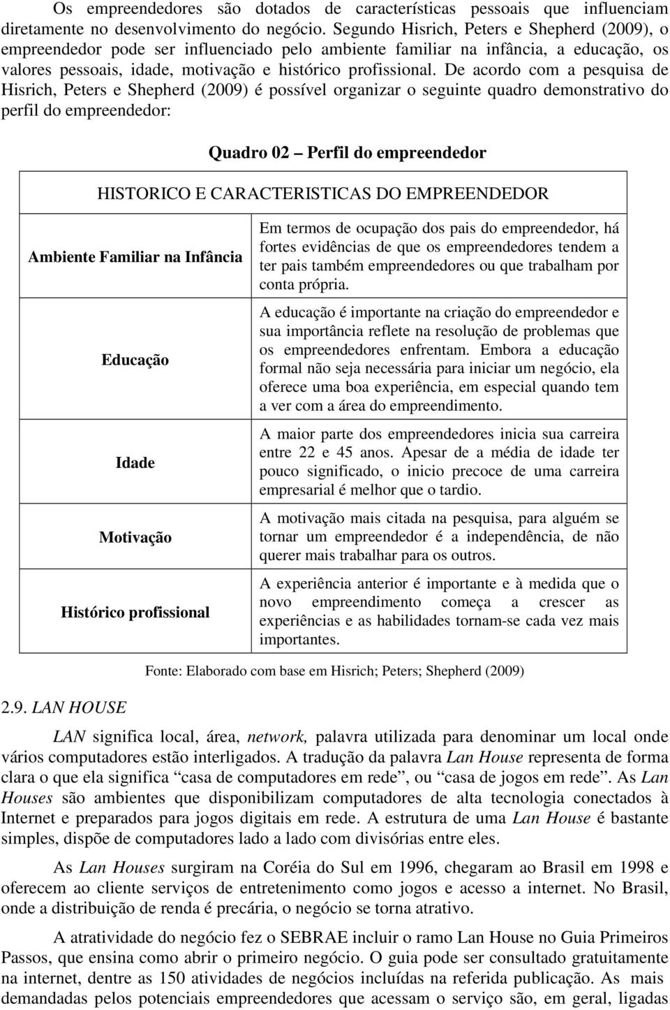 De acordo com a pesquisa de Hisrich, Peters e Shepherd (2009) é possível organizar o seguinte quadro demonstrativo do perfil do empreendedor: Quadro 02 Perfil do empreendedor HISTORICO E