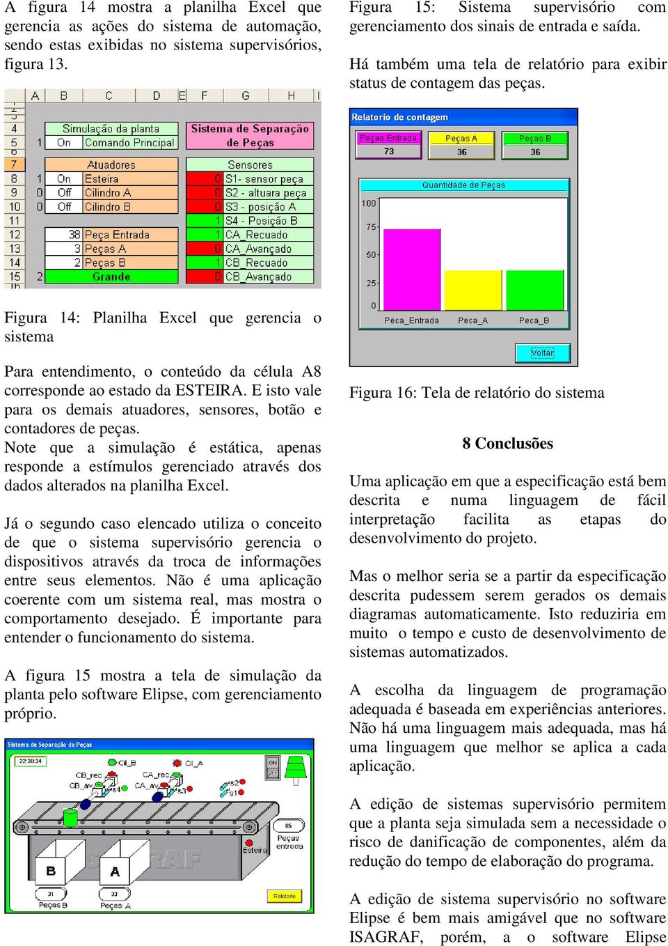 Figura 14: Planilha Excel que gerencia o sistema Para entendimento, o conteúdo da célula A8 corresponde ao estado da ESTEIRA. E isto vale para os demais atuadores, sensores, botão e contadores de s.