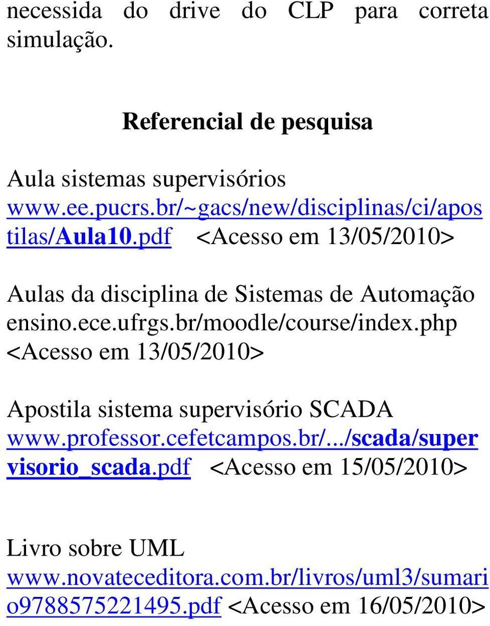ufrgs.br/moodle/course/index.php <Acesso em 13/05/2010> Apostila sistema supervisório SCADA www.professor.cefetcampos.br/.../scada/super visorio_scada.