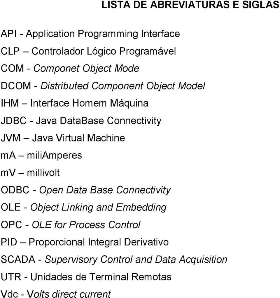 miliamperes mv millivolt ODBC - Open Data Base Connectivity OLE - Object Linking and Embedding OPC - OLE for Process Control PID