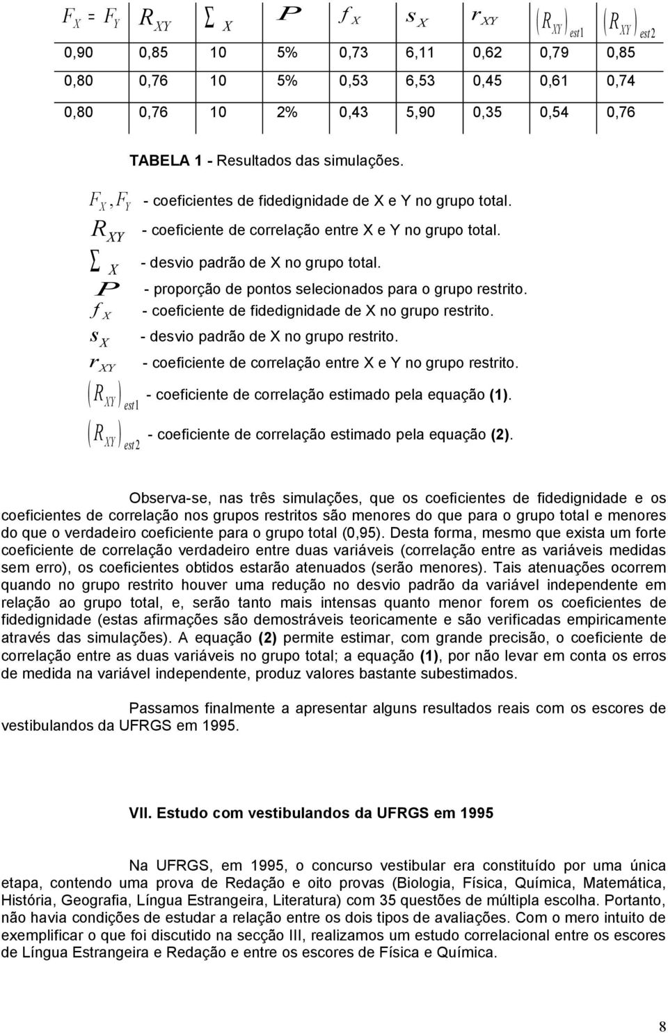 - proporção de pontos selecionados para o grupo restrito. - coeficiente de fidedignidade de no grupo restrito. - desvio padrão de no grupo restrito.