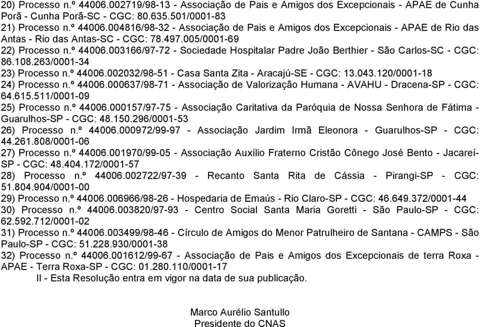 043.120/0001-18 24) Processo n.º 44006.000637/98-71 - Associação de Valorização Humana - AVAHU - Dracena-SP - CGC: 64.615.511/0001-09 25) Processo n.º 44006.000157/97-75 - Associação Caritativa da Paróquia de Nossa Senhora de Fátima - Guarulhos-SP - CGC: 48.