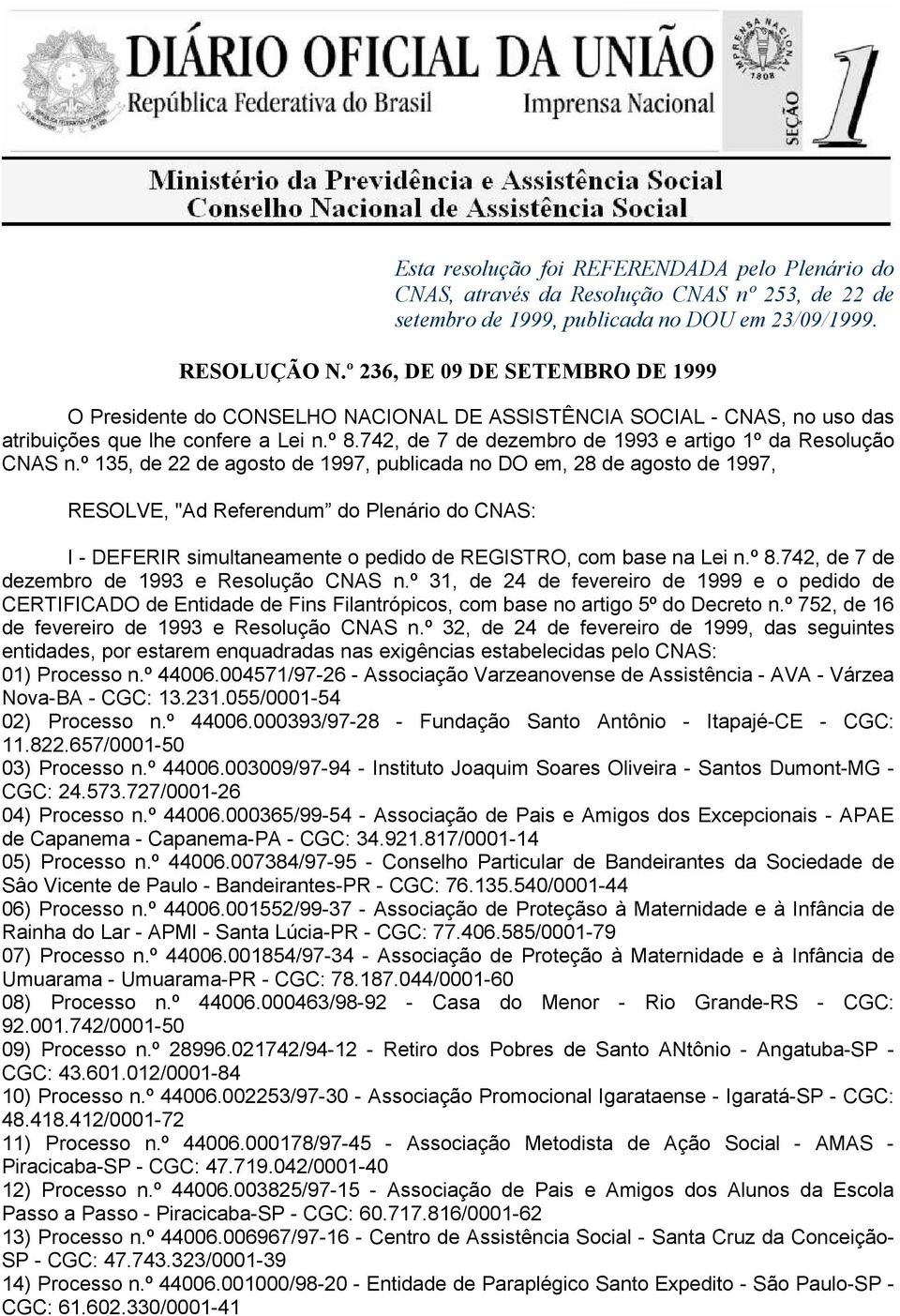 742, de 7 de dezembro de 1993 e artigo 1º da Resolução CNAS n.