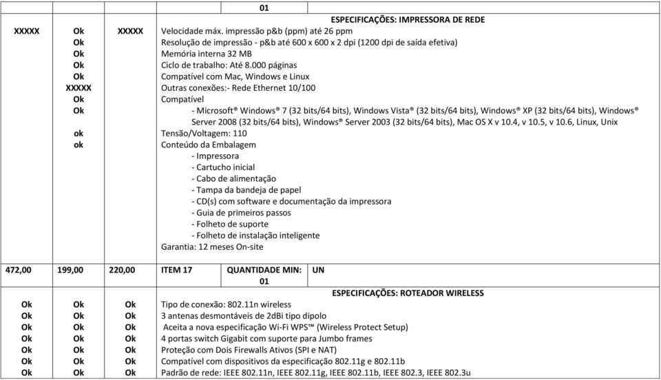 000 páginas Compatível com Mac, Windows e Linux Outras conexões: Rede Ethernet 10/100 Compatível Microsoft Windows 7 (32 bits/64 bits), Windows Vista (32 bits/64 bits), Windows XP (32 bits/64 bits),