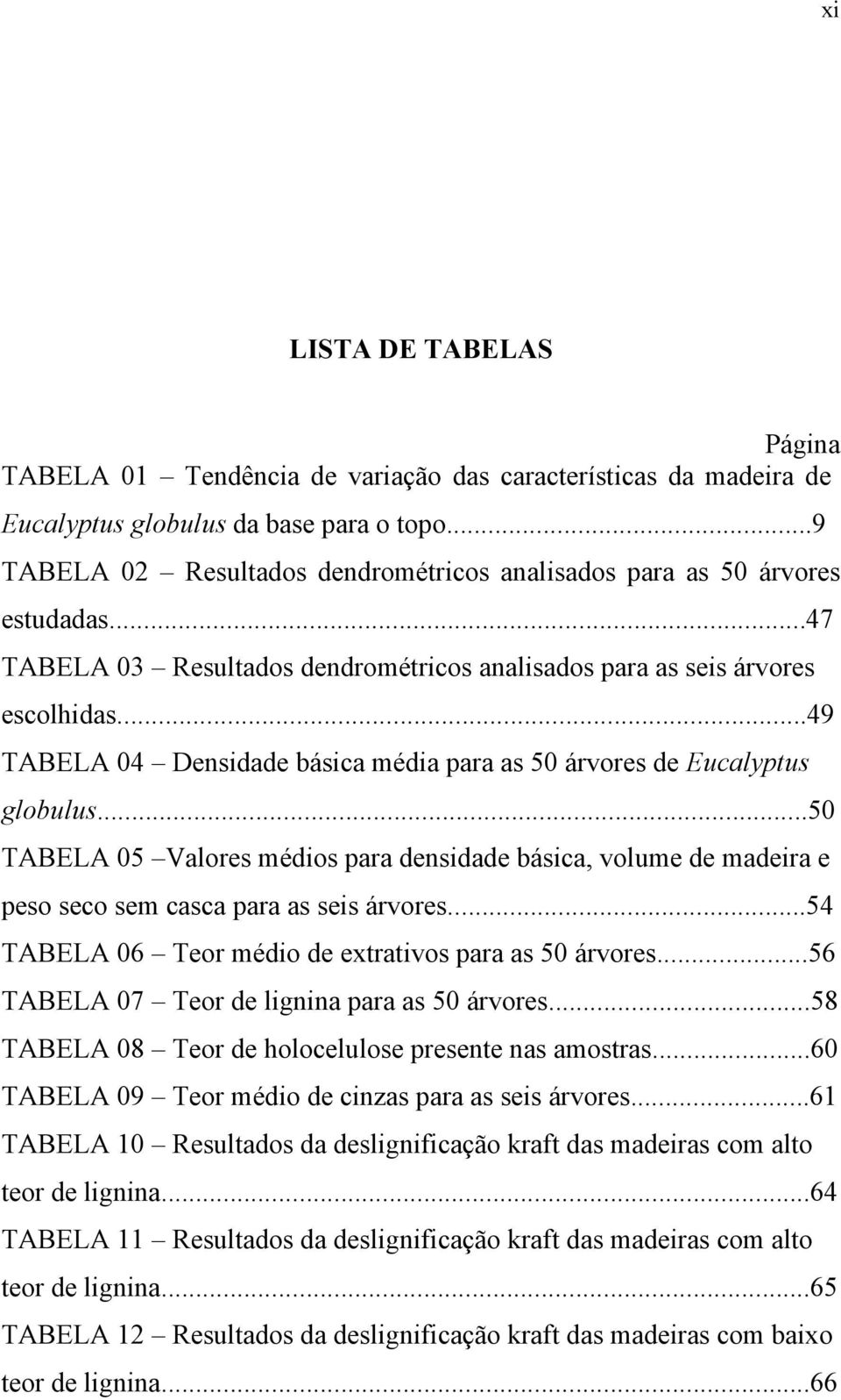 ..49 TABELA 04 Densidade básica média para as 50 árvores de Eucalyptus globulus...50 TABELA 05 Valores médios para densidade básica, volume de madeira e peso seco sem casca para as seis árvores.