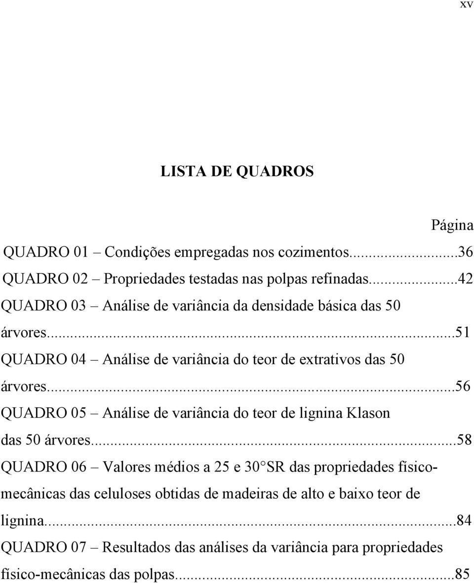..56 QUADRO 05 Análise de variância do teor de lignina Klason das 50 árvores.