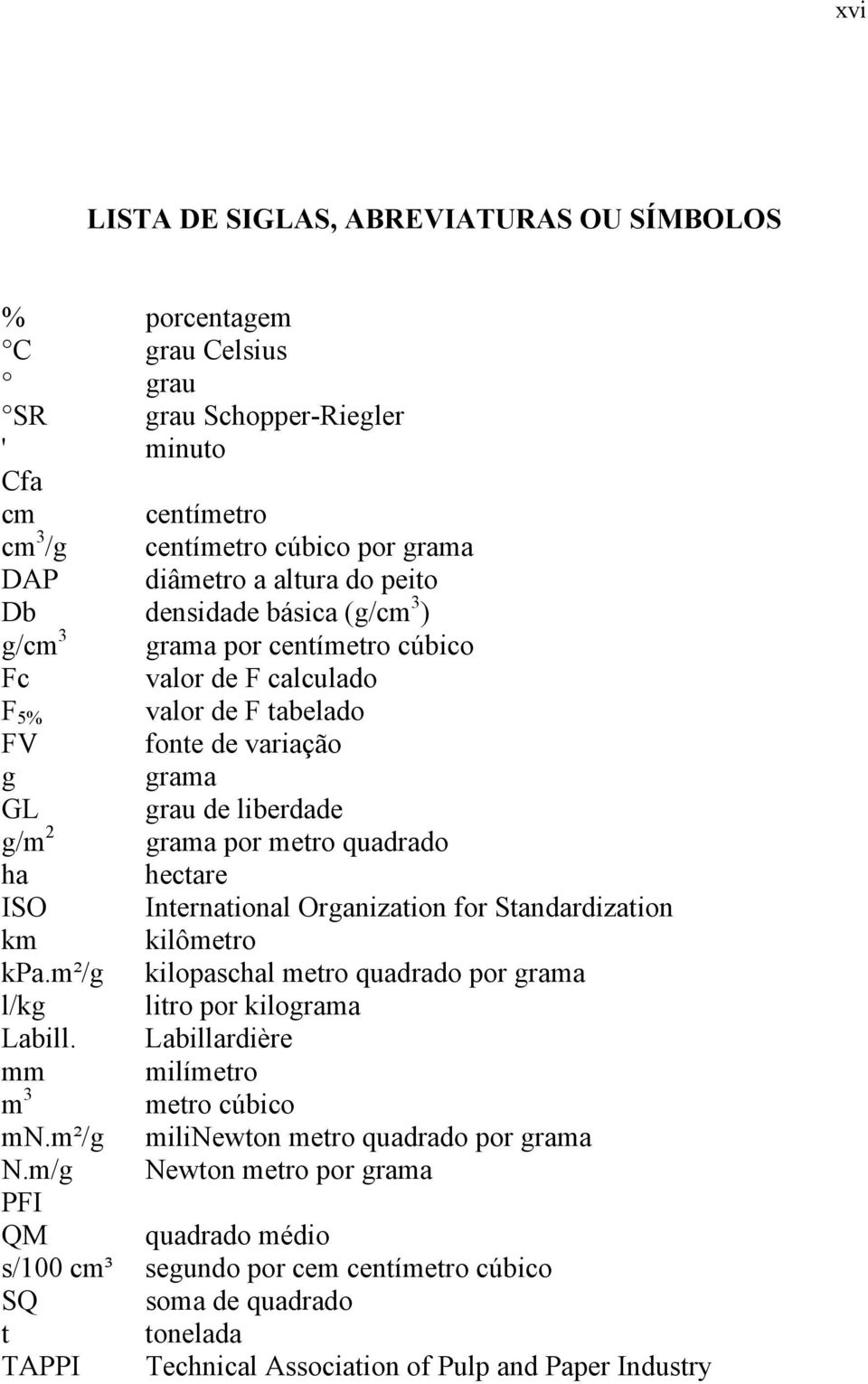 hectare ISO International Organization for Standardization km kilômetro kpa.m²/g kilopaschal metro quadrado por grama l/kg litro por kilograma Labill. Labillardière mm milímetro m 3 metro cúbico mn.