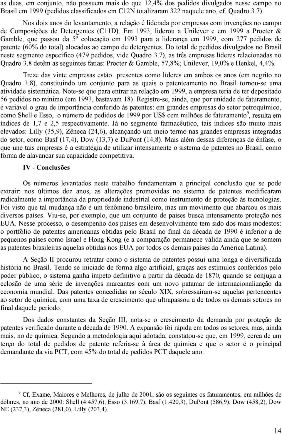 Em 1993, liderou a Unilever e em 1999 a Procter & Gamble, que passou da 5º colocação em 1993 para a liderança em 1999, com 277 pedidos de patente (60% do total) alocados ao campo de detergentes.