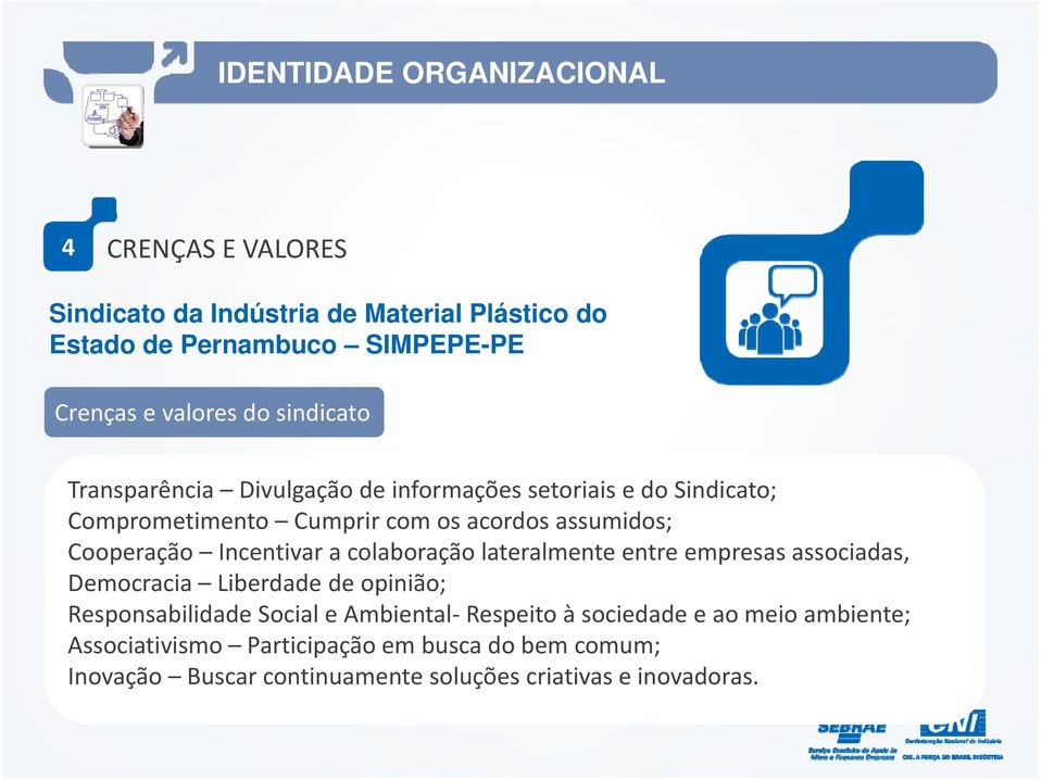 Incentivar a colaboração lateralmente entre empresas associadas, Democracia Liberdade de opinião; Responsabilidade Social e Ambiental Respeito