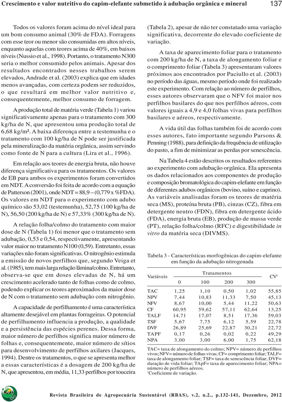 Portanto, o tratamento N300 seria o melhor consumido pelos animais. Apesar dos resultados encontrados nesses trabalhos serem elevados, Andrade et al.