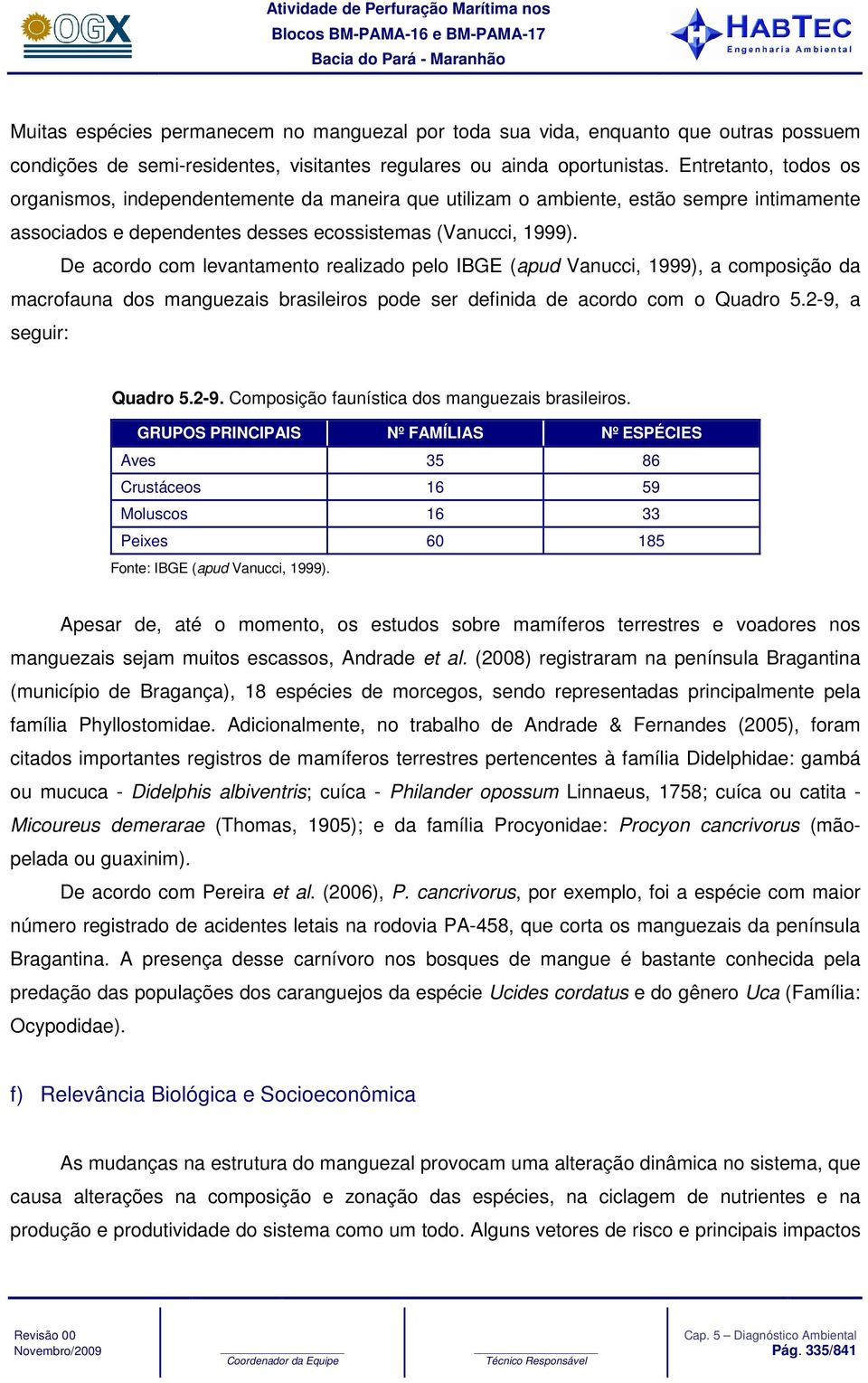 De acordo com levantamento realizado pelo IBGE (apud Vanucci, 1999), a composição da macrofauna dos manguezais brasileiros pode ser definida de acordo com o Quadro 5.2-9,