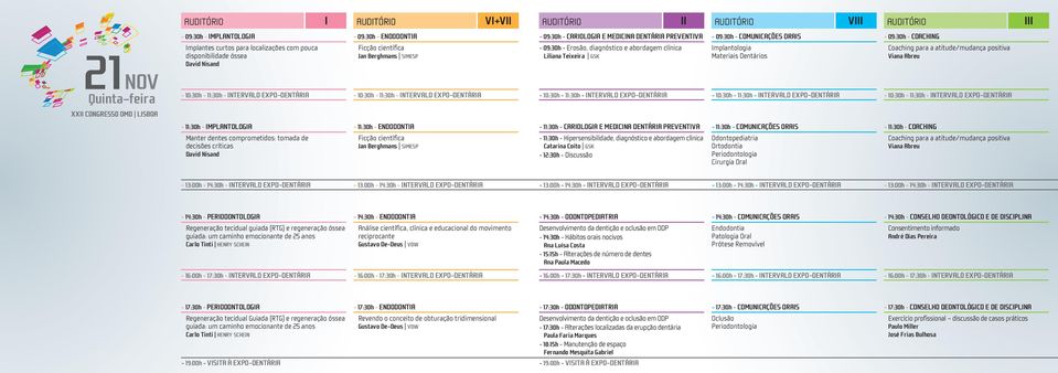 Implantologia Materiais Dentários Coaching para a atitude/mudança positiva Viana Abreu - 10:30h - 11:30h - INTERVALO EXPO-DENTÁRIA - 10:30h - 11:30h - INTERVALO EXPO-DENTÁRIA - 10:30h - 11:30h -