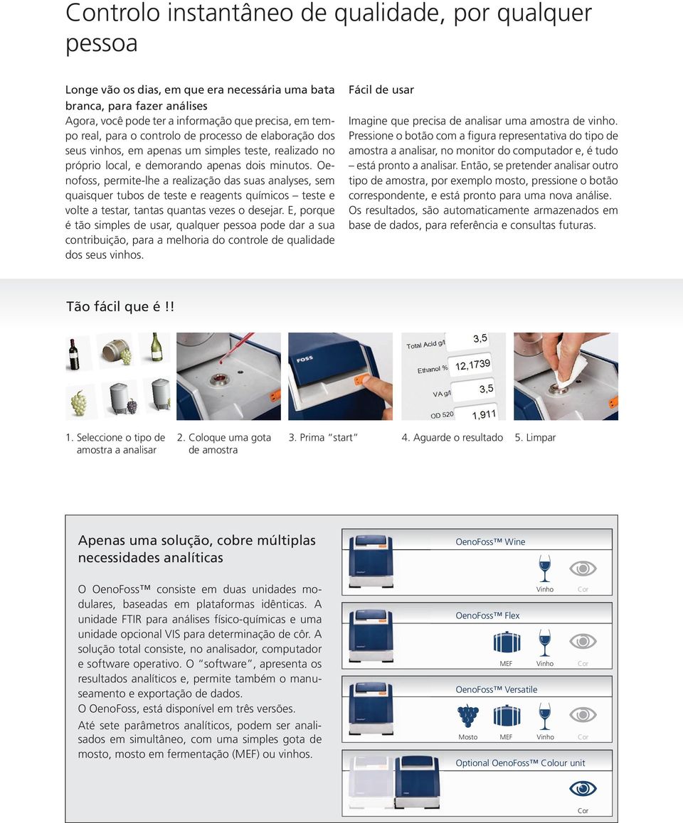 Oenofoss, permite-lhe a realização das suas analyses, sem quaisquer tubos de teste e reagents químicos teste e volte a testar, tantas quantas vezes o desejar.