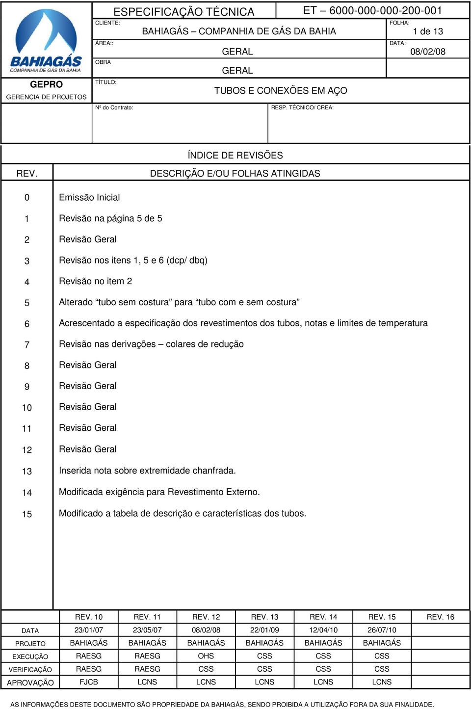 para tubo com e sem costura Acrescentado a especificação dos revestimentos dos tubos, notas e limites de temperatura Revisão nas derivações colares de redução Revisão Geral Revisão Geral Revisão