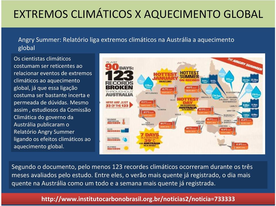 Mesmo assim, estudiosos da Comissão Climática do governo da Austrália publicaram o Relatório Angry Summer ligando os efeitos climáticos ao aquecimento global.