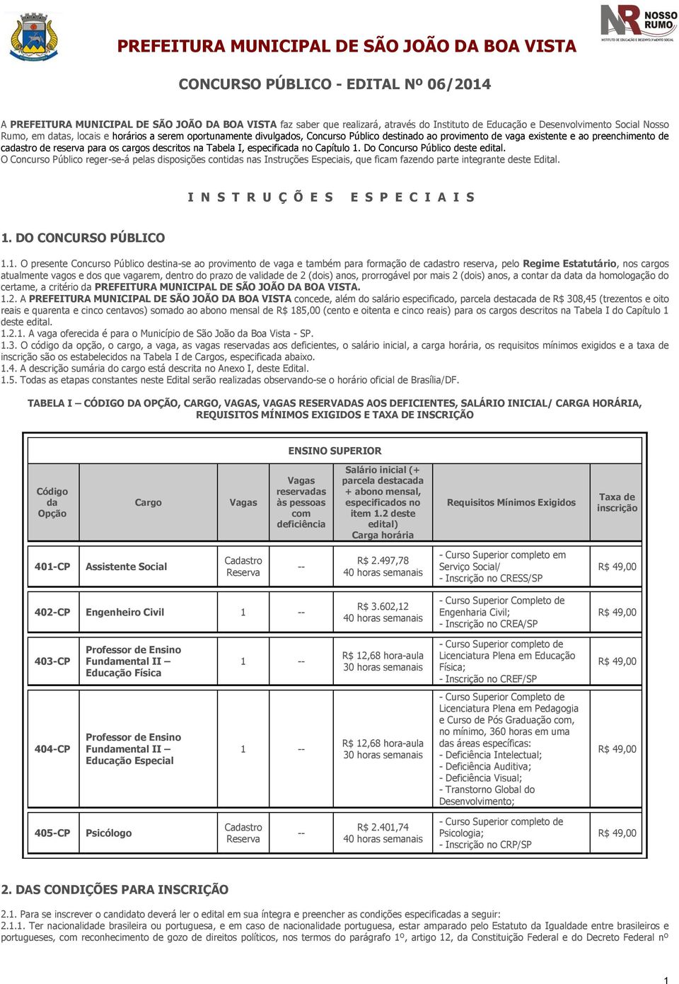 para os cargos descritos na Tabela I, especificada no Capítulo 1. Do Concurso Público deste edital.